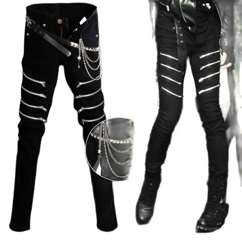 Men black punk hip hop jeans with multi 