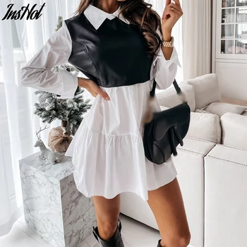 Women Faux Leather Patchwork White Shirt Dress 2021 Spring Casual Long Sleeve Plaid Chic Dress Lady Mini A Line Office Vestidos 1