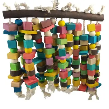 

Bird Chewing Toy Wooden Building Blocks and Beads String Hanging Swing Scratcher Perch Standing Stick Bites