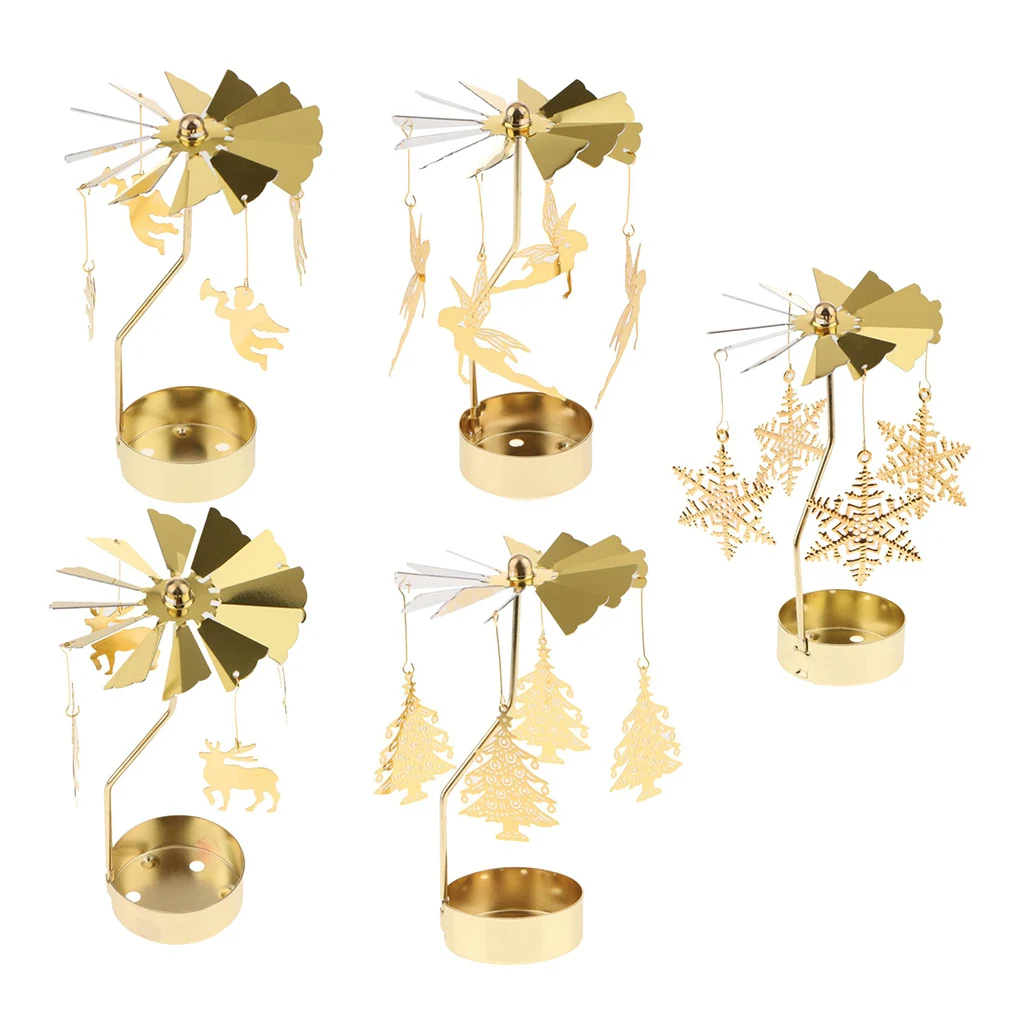 5Pcs Christmas Decor Rotating Candle Tea Light Holder Candlestick Gold