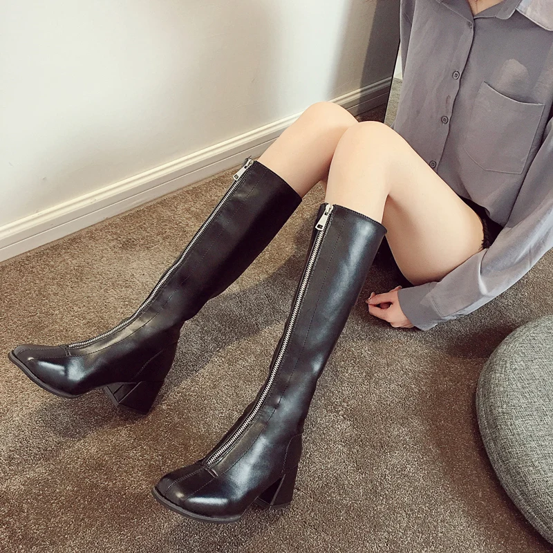 

Brand Women's Shoes High Heel Boots Zipper Round Toe Bootee Woman 2019 Booties Ladies Lace Up Low Heels booties Fashion