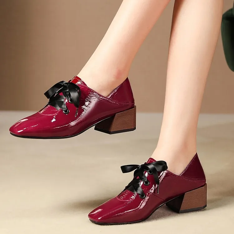 

2019 Spring And Autumn Square Head Chunky Heel Solid Color Lace-up Europe And America Deep Mouth Low Top Bow Women's Fashion Sho