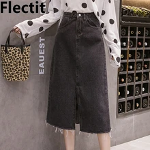 Flectit Washed Black Denim Skirt For Women High Waist Row Hem Split Front  Jeans Skirt Vintage Plus Size Spring Summer Outfit