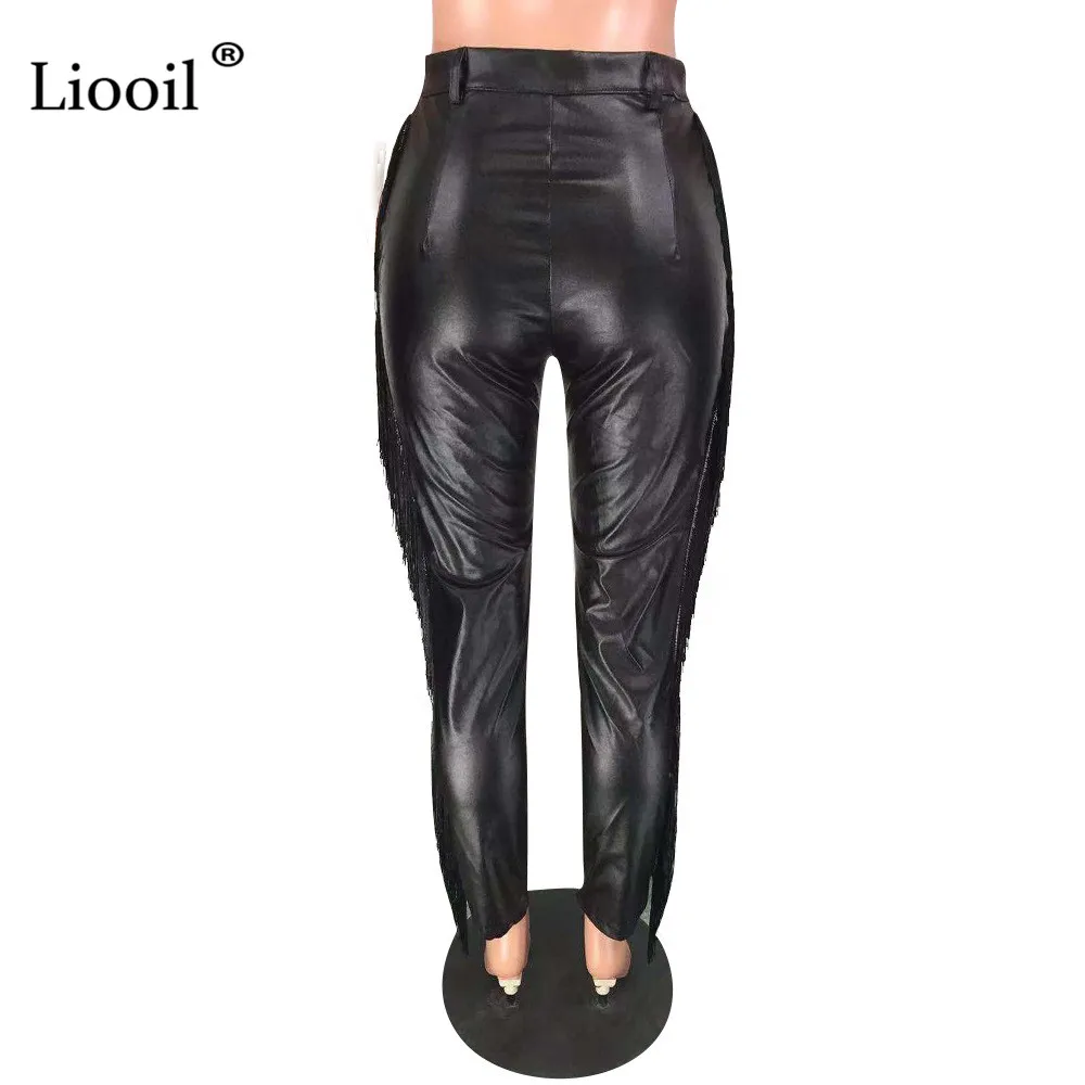 Liooil, искусственная кожа, с кисточками, узкие брюки, женские, черные, слаксы,, осень, зима, уличная одежда, Сексуальные клубные брюки, высокая талия, длинные штаны