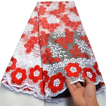 

Red/White African Lace Fabric Embroidered Nigerian Guipure for Wedding High Quality French Tulle Lace Fabric with Stones mv466