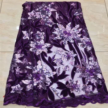

Purple New Design African French Velvet Lace Fabric 2020 High Quality Lace Nigerian Sequence Lace Fabrics For Women Dress
