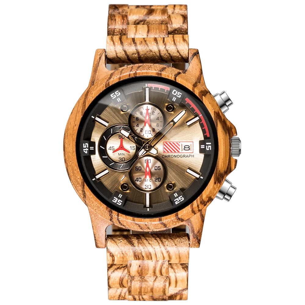 Personalized Zebrawood Wooden Watch Men Relogio Masculino Top Brand Luxury Chronograph Military