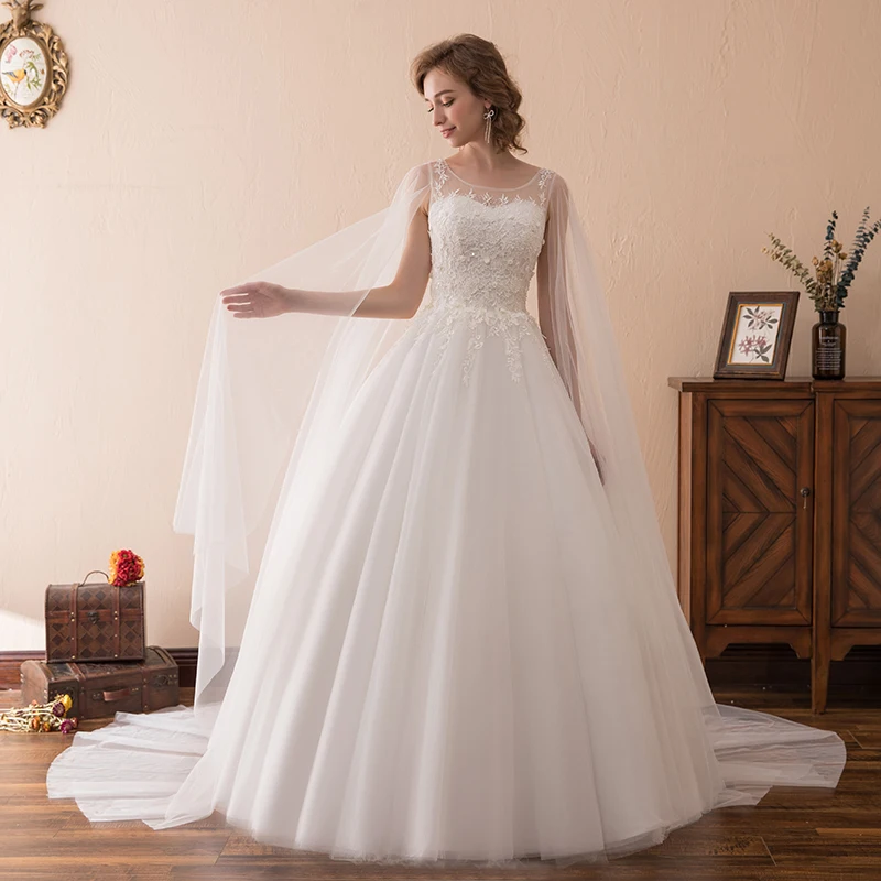 Бальное платье из белого тюля, свадебное платье с накидкой из тюля, длина до пола, с аппликацией и круглым вырезом, без рукавов
