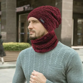 

Men Winter Hat Cap Collar Set Plus Velvet Thick Knit Hat And Muffler Outdoor Accessories Thick Cotton Hats Czapka Zimowa #YL5