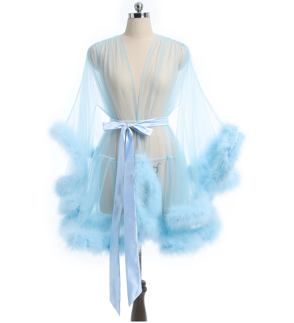 long formal dresses Short Feather Robe Dressing Gown Bridal Boudoir Sheer Robe Tulle Illusion Birthday Feather Robe Costume evening dresses with sleeves