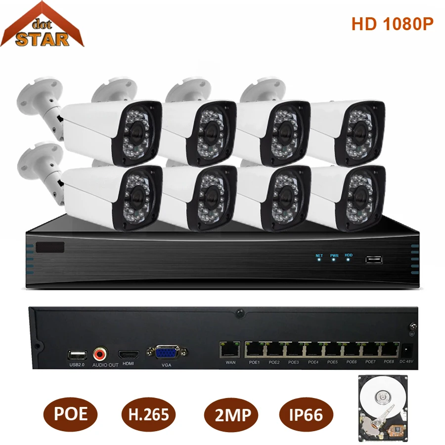 

H.265 8CH 2MP 1080P POE NVR Kit Network Security Camera System IP Camera Outdoor IP66 Waterproof P2P CCTV Video Surveillance Set