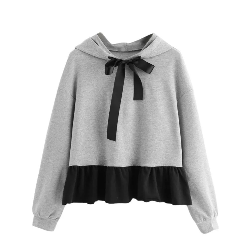 Gray Женская толстовка с капюшоном kawaiibig с бантом и оборками, длинный рукав, с капюшоном, лоскутный джемпер, свитшот, пуловер, Толстовка sudadera mujer - Цвет: Gray
