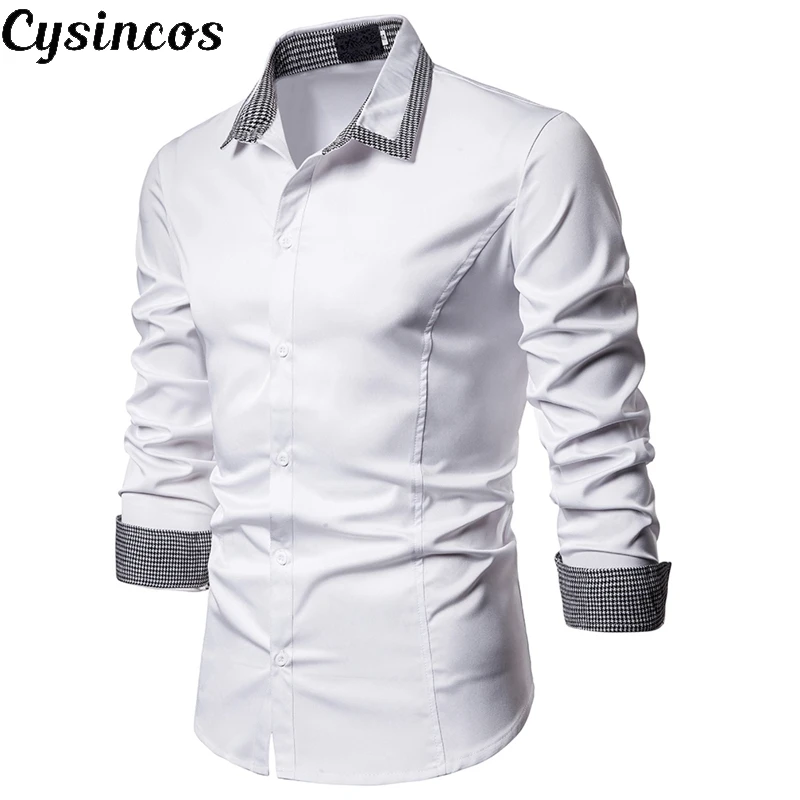 CYSINCOS Мужская Повседневная рубашка Slim Fit Мужская Повседневная рубашка на пуговицах официальные сорочки с длинными рукавами мужская одежда