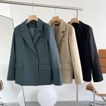 Blazer elegante de estilo coreano para mujer, chaqueta con un solo botón, azul, negro y caqui, para Otoño e Invierno