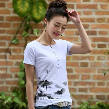 

Summer discount women's T-shirt new single-breasted cultivate one's morality show thin cotton ink printing short sleeve T-shirt