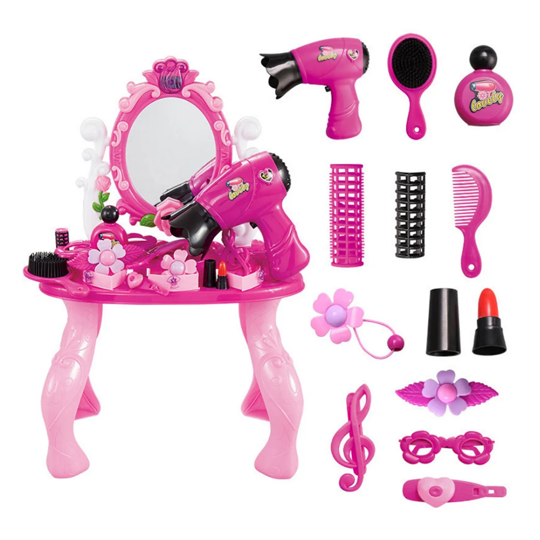 

12Pcs Children Make-Up Toys Pretend Play Girl Dressing Table Toy Dresser Playset With Light - Pink