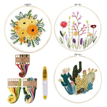 

3 Sets Embroidery Kit with Pattern Cross Stitch Kit Embroidery Starter Kit Including Embroidery Cloth Bamboo Hoops