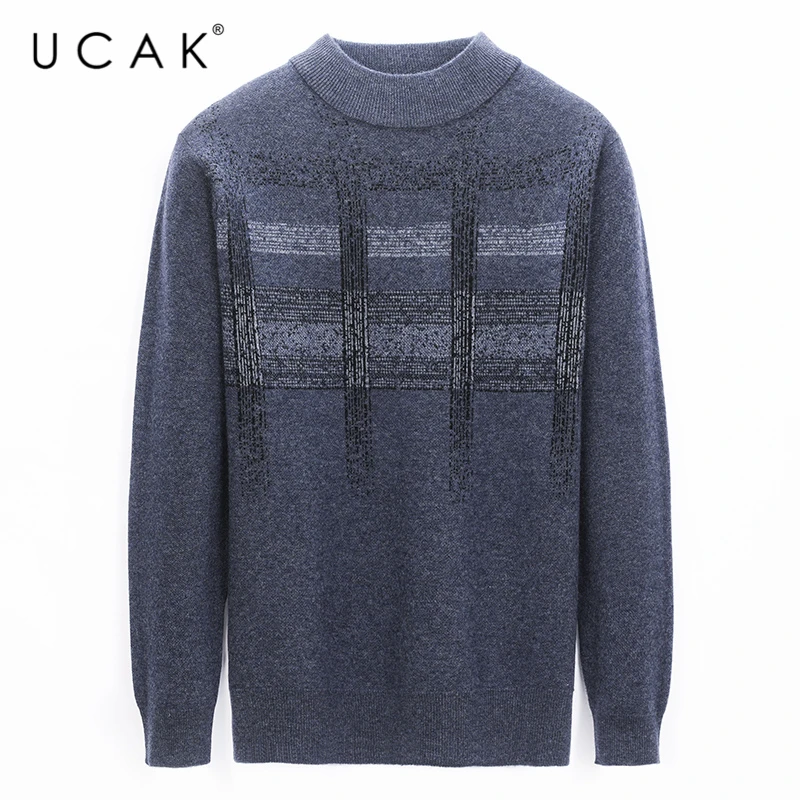 

UCAK Brand Pure Merino Woo Striped Sweaters Men Clothes O-neck Streetwear Sweater Pull Homme Winter Warm Pullover Clothing U3193