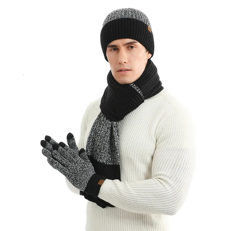 Мужская Зимняя Шапка-бини, шарф и перчатки с сенсорным экраном, комплект из 3 предметов, теплый вязаный комплект для зимы, вязаная Лыжная вязаная шапка