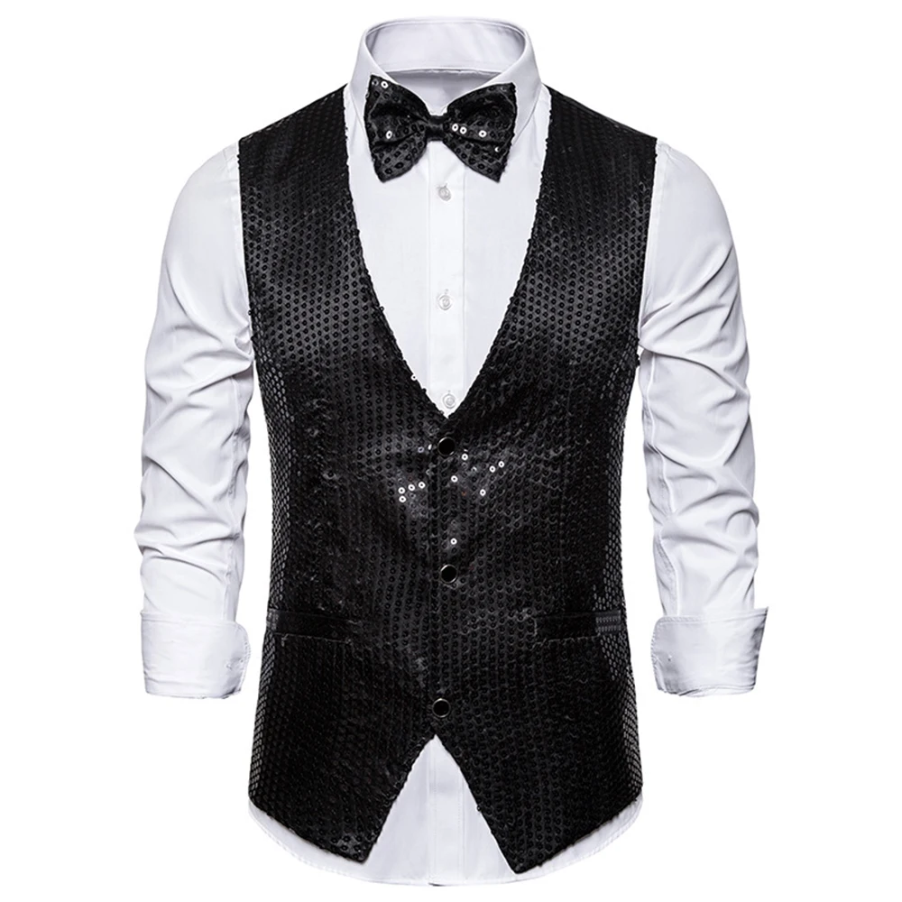 Black MoneRffi новые мужские Искрящиеся, с блестками жилет Slim Fit костюм с юбкой, костюм для сцены, ужин жилет для косплея на сцене; платье без рукавов с блестками - Цвет: Black