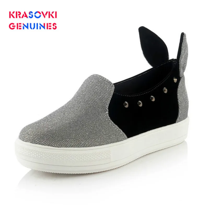 Krasovki Genuines/обувь на платформе; обувь на плоской подошве с заклепками; Прямая поставка; Модные дышащие тонкие туфли с кроличьими ушками; смешанные цвета
