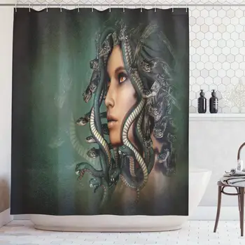 

Mythological Shower Curtain, Woman with Snakes on Her Head Occult Style Meditation, Cloth Fabric Bathroom Decor Set with Hooks