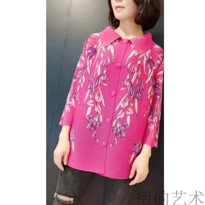 Фуксия Горячая Miyake fold модный принт однобортное с широкой талией девять очков рукав пальто - Цвет: Фуксия