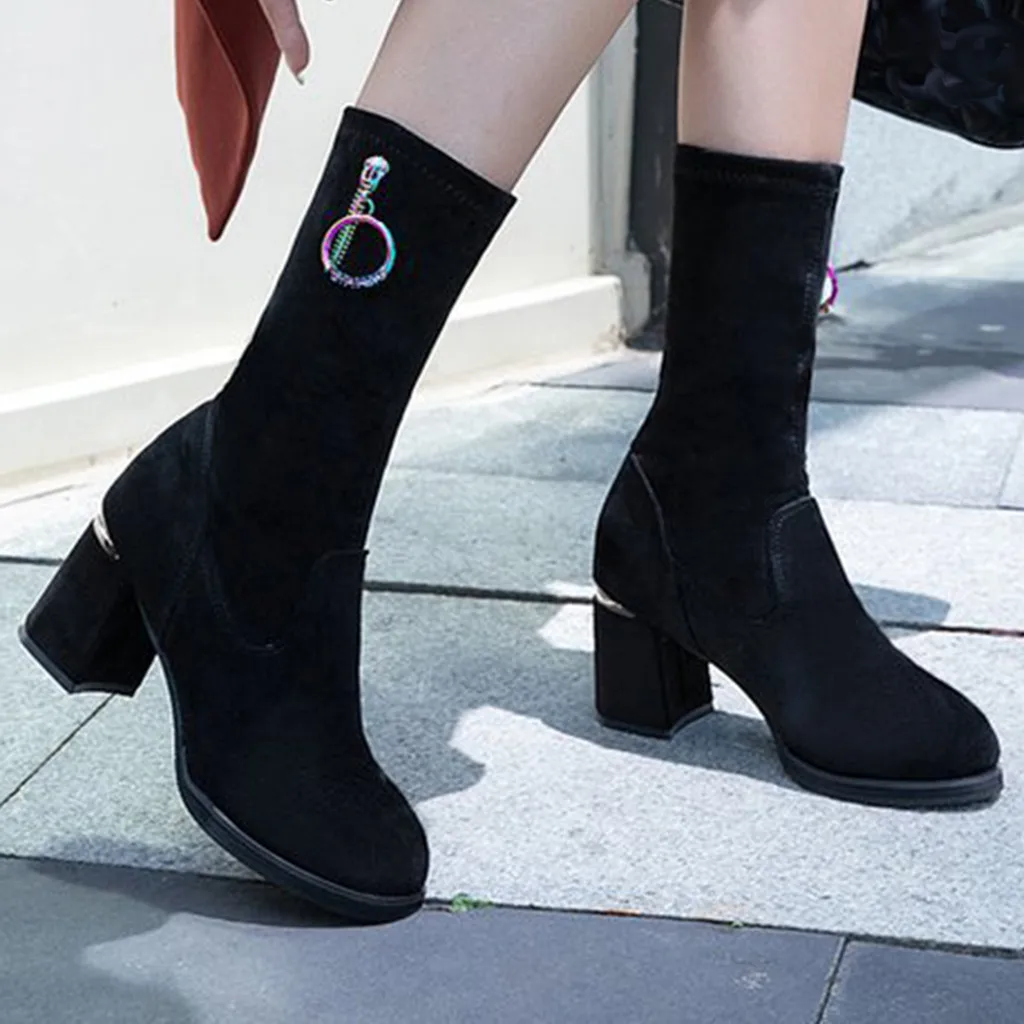 2020 new fashion solid color high heel women's shoes elastic velvet side zipper with suede women's boots