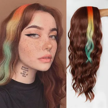 

18 Inches Synthetic Rainbow gradient Color Hair Long Natural Wave Ombre Brown Mixed Color Party Wigs for White/Black Women