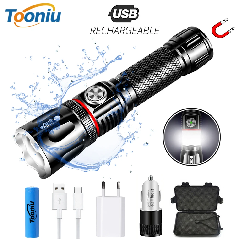 

USB rechargeable LED flashlight multi-function COB lamp + tail magnetic design Zoomable 4 lighting mode waterproof Torch