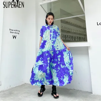 

SuperAen Europe Long Dress Women New 2020 Summer Pluz Size Short Sleeve Ladies Dress Cotton Print Casual Women Clothing