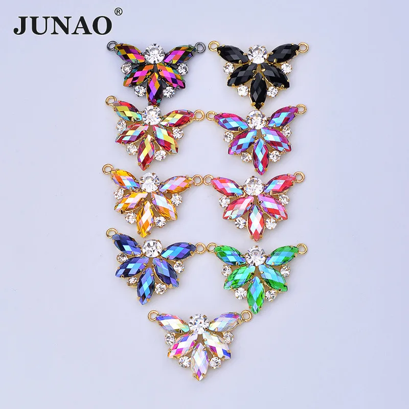JUNAO-30x40mm-Rose-AB-Flower-Rhinestones-Connector-Resin-Crystal-Applique-Sewing-Gold-Flat-Back-Claw-Crystals