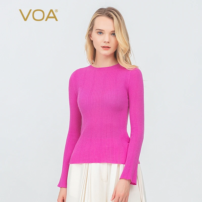 US $132.30 VOA pure cashmere soft 60count worsted onepiece hollow dot basin collar trumpet sleeve plain cashmere sweater RB1093