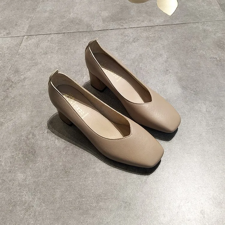 

EOEODOIT 2020 Spring Leather Pumps High Square Heel Square Toe Shoes Slip On Daily Casual Office Lady Work Pumps Shoes 5 cm