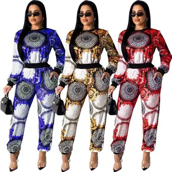 

Outfits for Women 2 Piece Set Beautiful Flower Printed Long Sleeve Womens Fashion Two Piece Set Women Clothing