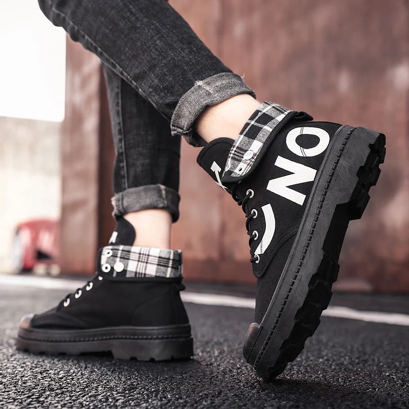 Summer men's Martin boots breathable round head men's flat boots net red increase graffiti denim solid rubber men's flat boots