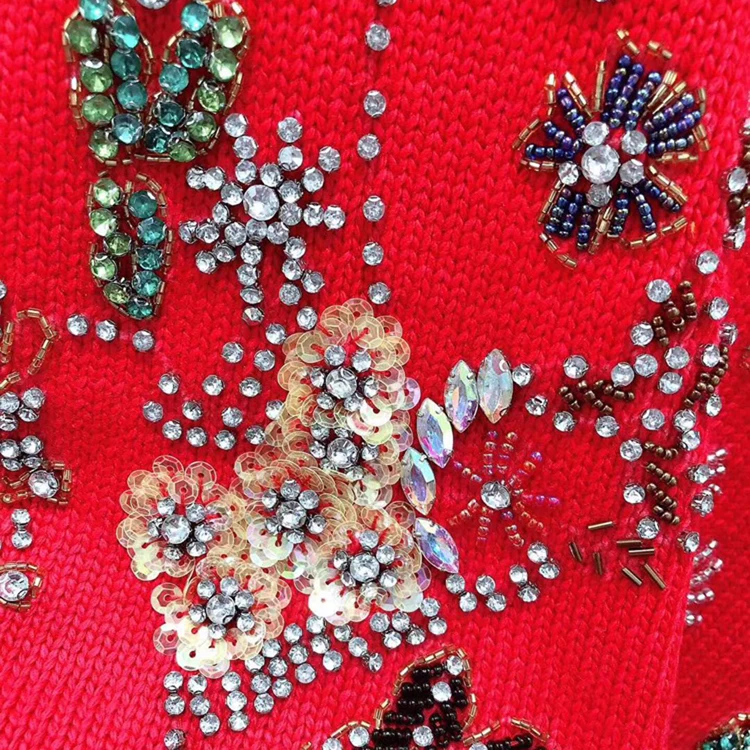 Red RoosaRosee дизайнерский женский роскошный вязаный короткий свитер с бусинами и бриллиантами, Осенний Модный Топ с длинным рукавом, женская одежда
