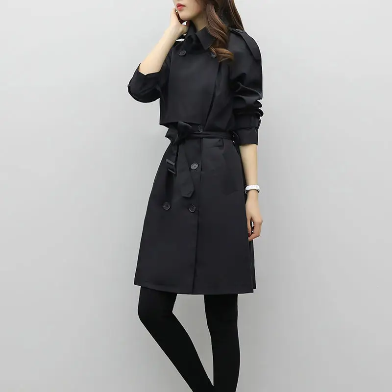 

Fashion Korean Trench Coats Women Casual Black Windbreakers Female Plus Size Loose Coats Woman Double Breasted Outwear With Belt