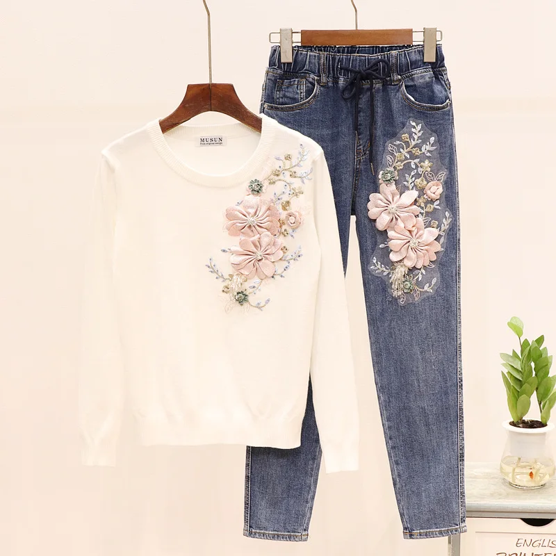 

Winter sweater pants Suit Floral Embroider knitted Pullovers Tops +Trousers Denim Pants 2PCS Sets Knit Top Trousers Clothing Set
