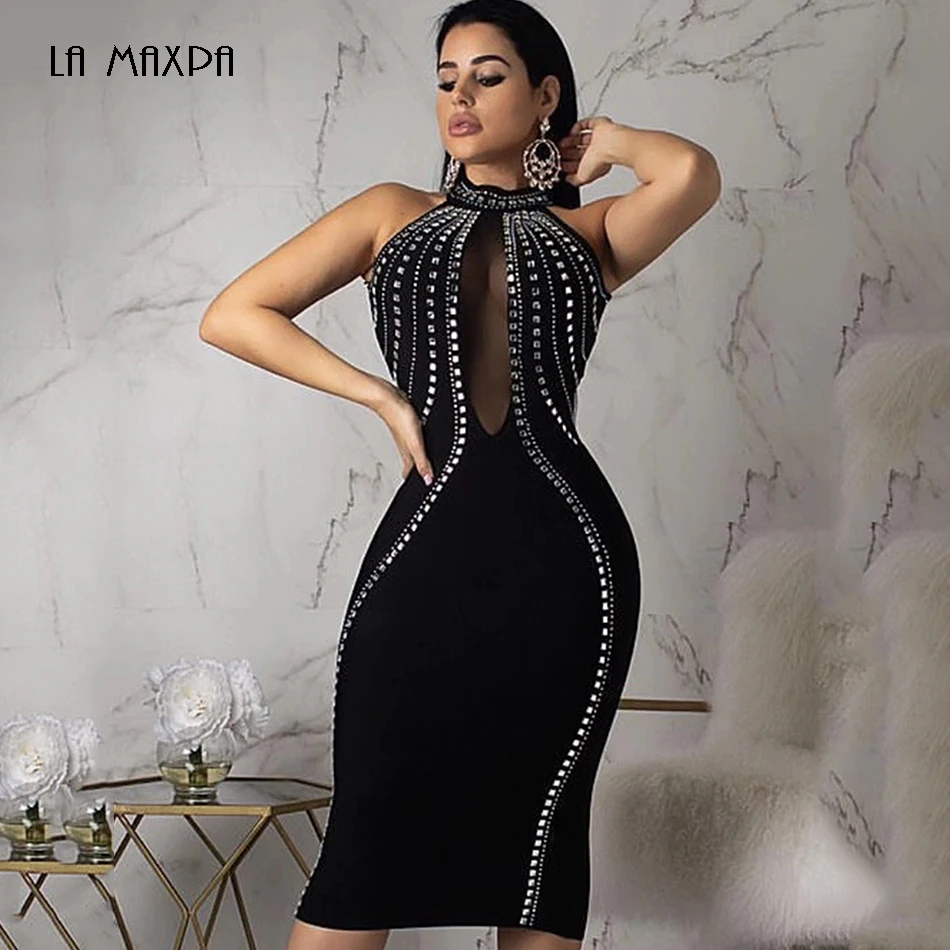 

2019 Summer Women's Sexy Mesh Perspective Black Sleeveless Backless Beaded Knee Bandage Dress vestido Fashion Party Dress