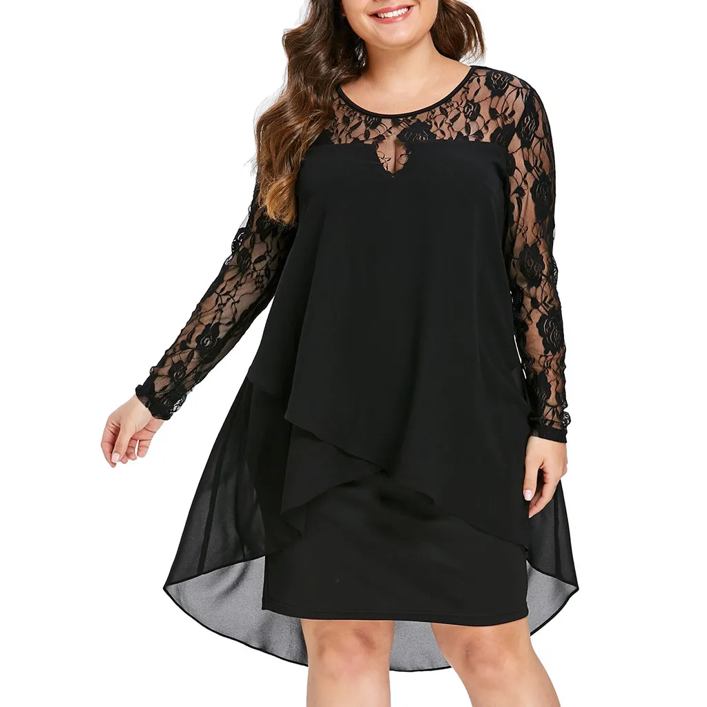Women Dress Plus Size Sheer Lace Sleeve High Low Hem O-Neck Swing Casual party dresses large sizes 5XL dropship | Женская одежда