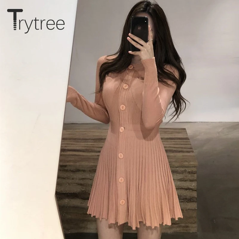 Trytree Осень Зима Женское Повседневное платье с О-образным вырезом, однобортное, с карманами, ТРАПЕЦИЕВИДНОЕ, плиссированное, одноцветное, 4 цвета, мини платье