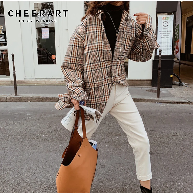 CHEERART уличная клетчатая рубашка женские свободные топы и блузки на пуговицах с длинным рукавом негабаритная блузка Осенняя модная одежда