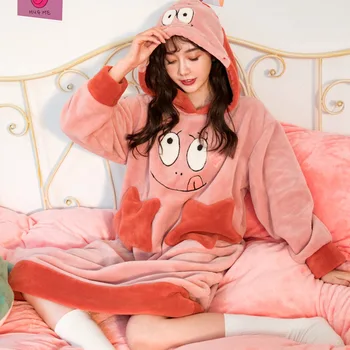 

Pajama women's winter/winter pajama women's long sleeve hooded coral-filled nightdress flannel bathrobe