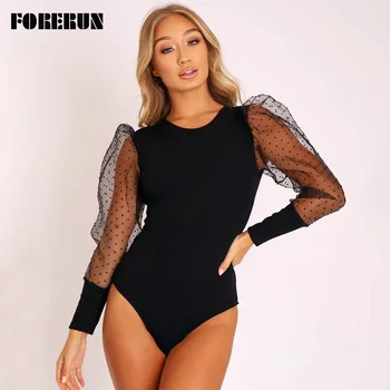 

FORERUN Long Sleeve Bodysuit Women Black Mesh Polka Dot Bodysuits Bodycon Jumpsuit Fashion Streetwear Overalls Body Mujer