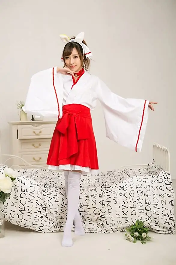 Japanese Anime red and White Kimono Fox Cosplay Costume with Socks