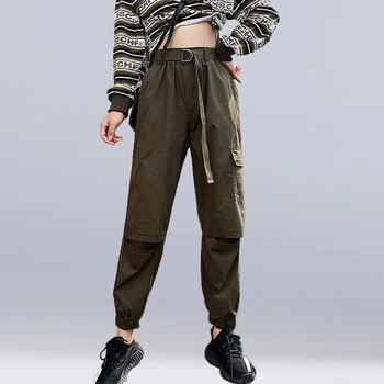 

Women pants 2020 new solid fashion holes harem pants elastic high waist loose casual pants female sports cargo pants