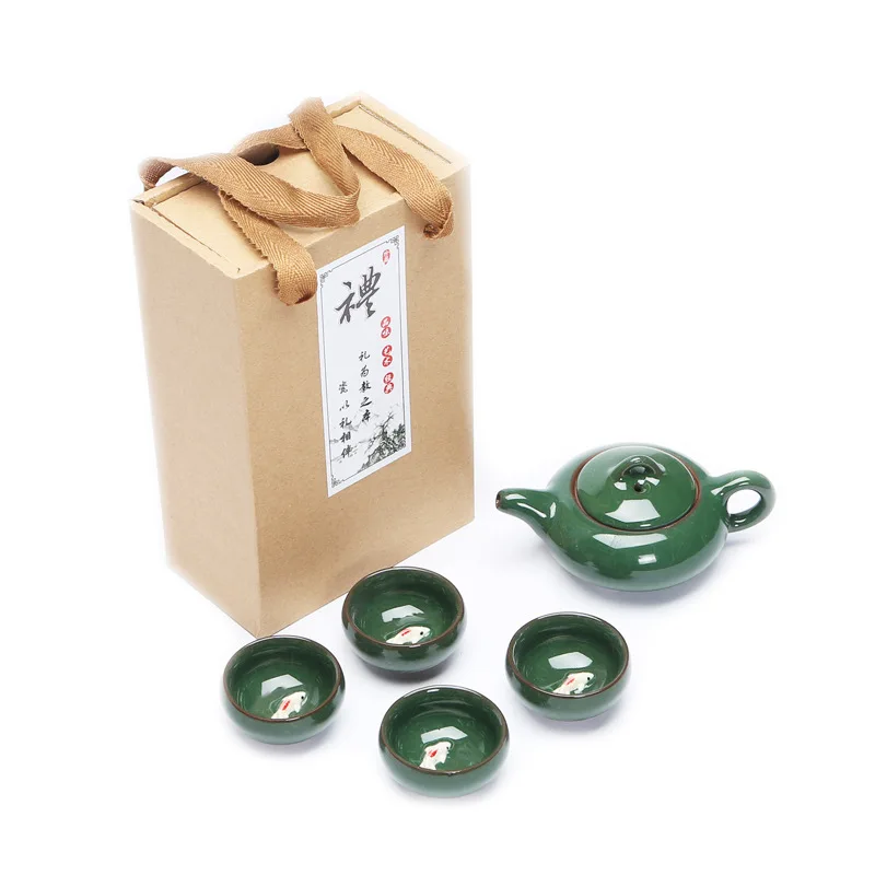 Green 5Pcs Gift Box Креативный карповый ледяной китайский чайный дорожный набор чайный набор кунг-фу керамический портативный чайный горшок фарфоровый чайный набор Gaiwan чайные чашки чайный инструмент - Цвет: Green 5Pcs Gift Box
