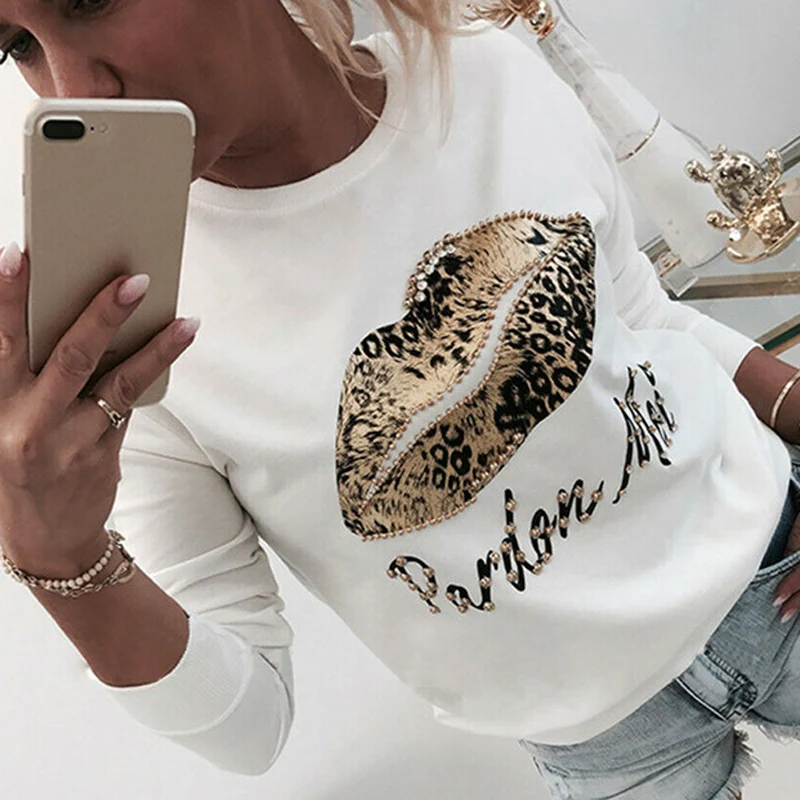 Beading White Женская блуза с узором в виде сердца, Kawaii, Женская Осенняя блуза с блестками и принтом в виде губ, пуловер с длинным рукавом, Женские повседневные топы с круглым вырезом - Цвет: Beading White