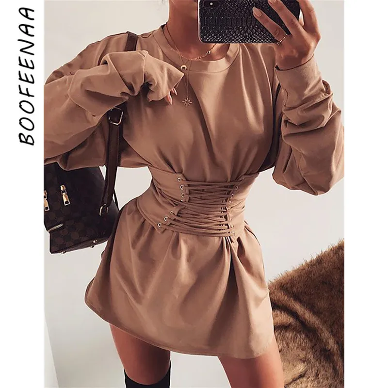 BOOFEENAA с поясом Толстая Толстовка капюшоном большого размера платье женская